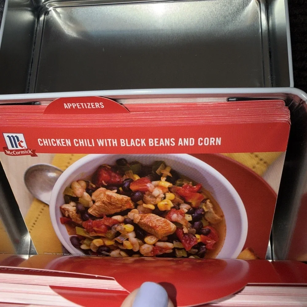 McCormick Red White Metal Recipe Box with Lid and Recipe Cards